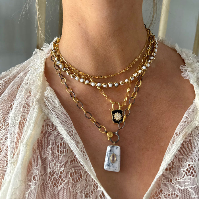 Brown Enamel & Diamond Shield Padlock Necklace
