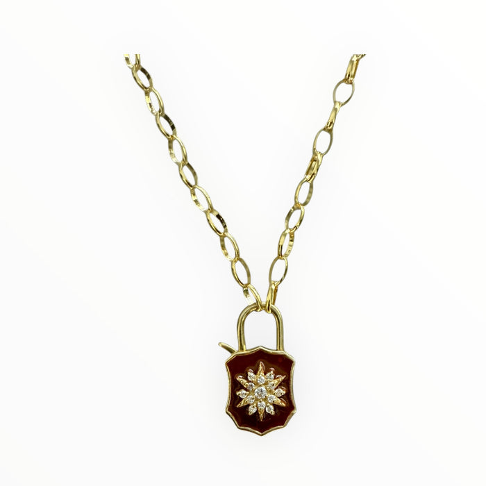 Brown Enamel & Diamond Shield Padlock Necklace