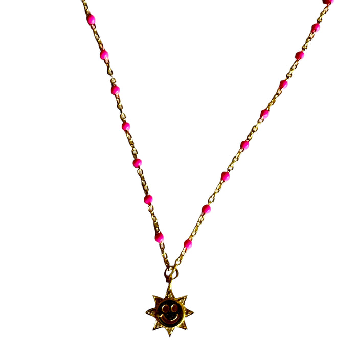 Color Pop! Neon Pink Enamel Smiley Face necklace