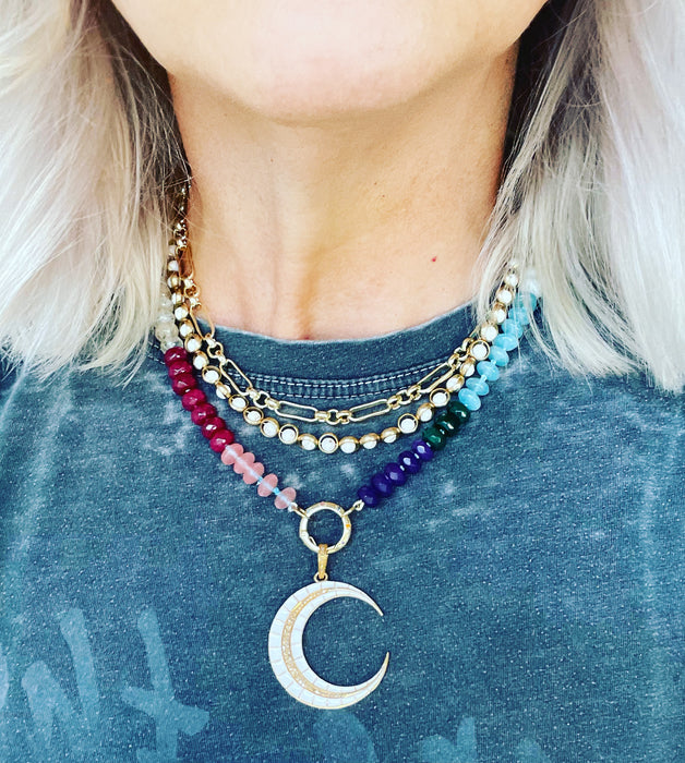 WHITE & GOLD Crescent with Rainbow necklace