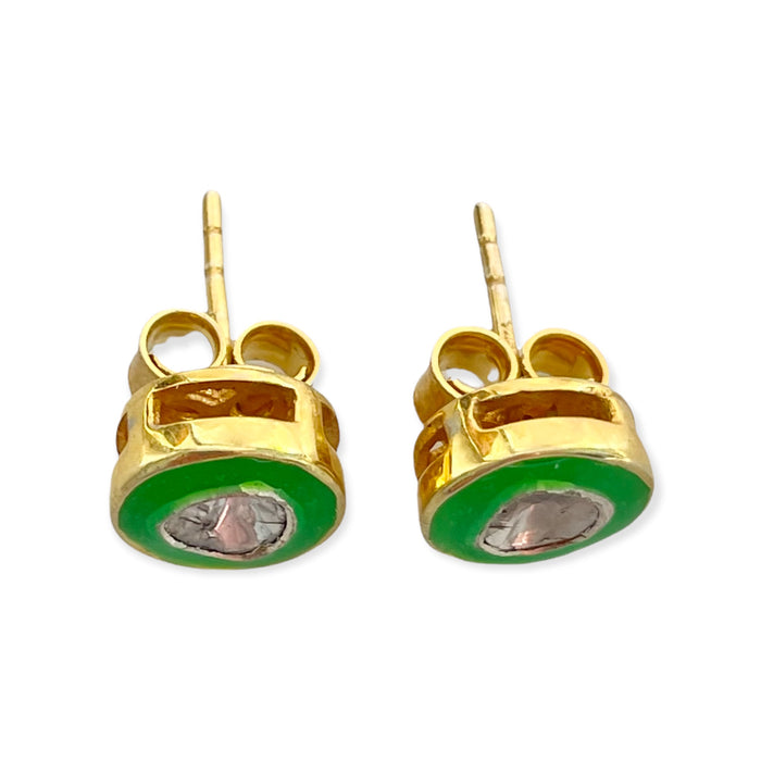 stud earrings of enamel, gold vermeil & polki diamonds